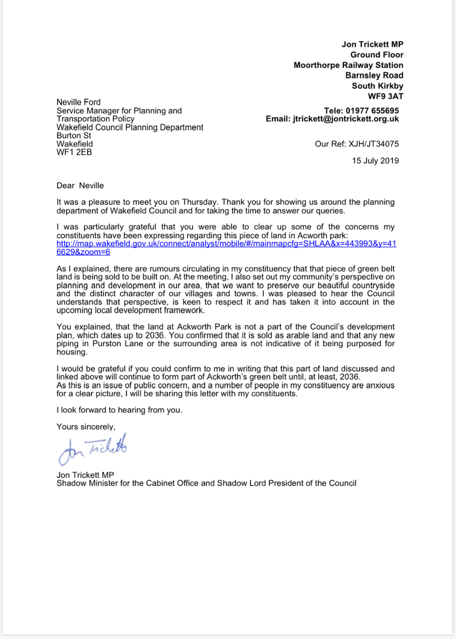 Letter to Wakefield Council Green Belt land