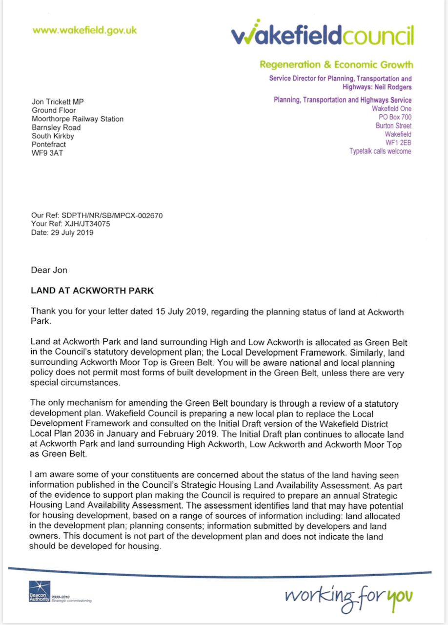 Reply from Wakefield Council p1